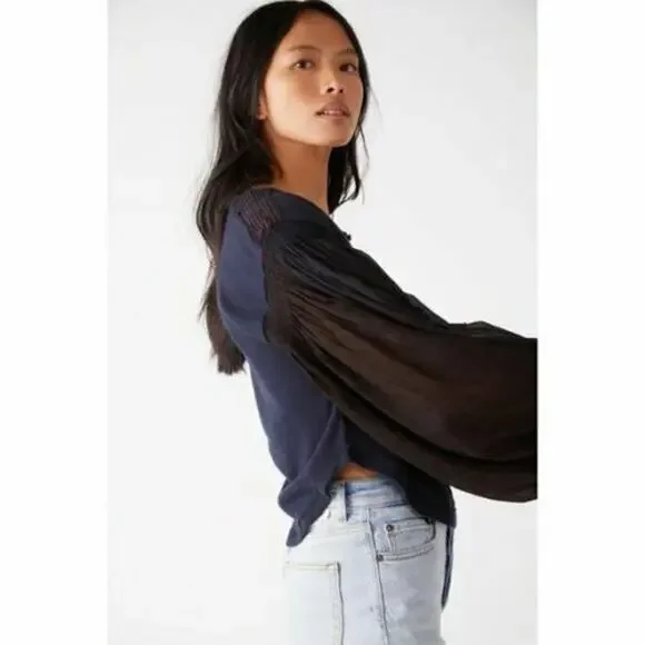 Free People Navy Mixed Media Light Magic Henley Balloon Sleeve Top - Picture 2 of 12